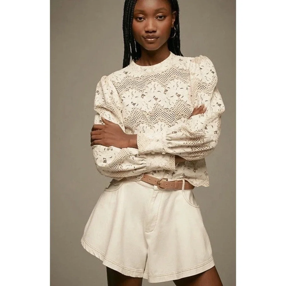 Dolan x Anthropologie Left Coast Mock Neck Long Sleeve Blouse Ivory Lace Small